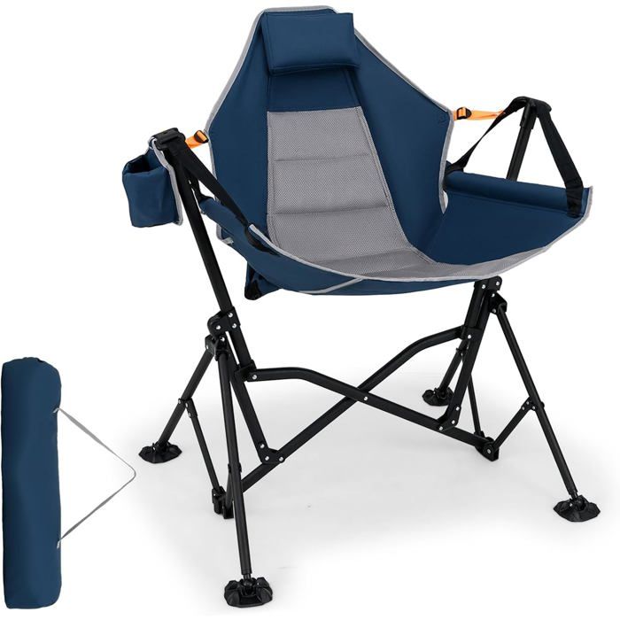 Chaise de Camping Pliable en Tissu COSTWAY Porte-Gobelet Siège Large Rembourré Dossier Réglable Appuie-tête Charge 150KG Bleu