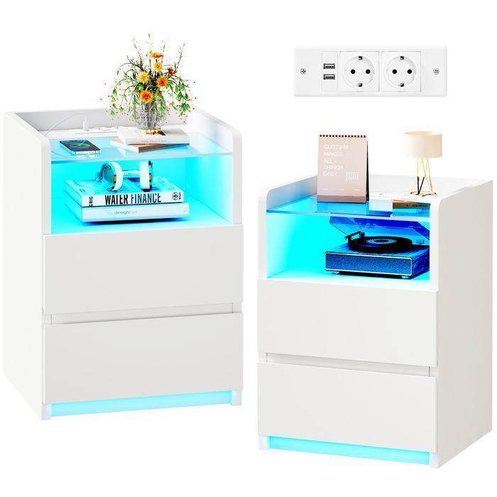 Lot de 2 Table de Chevet 40×35×60cm avec Plateau en Verre 2 USB Ports et Prises LED Réglable 2 Tiroirs Blanc