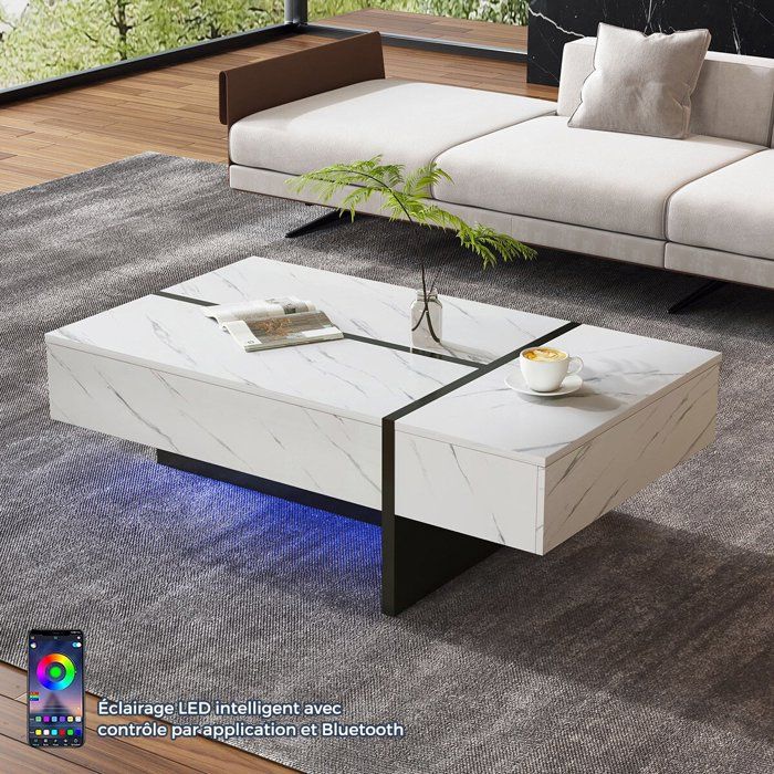 Table Basse Blanc Brillant Effet Marbre avec Éclairage LED par App Table Basse Salon Moderne Design avec 3 Tiroirs 105x60x35 cm