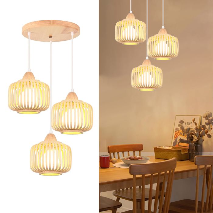 Lustre - Disque - Bambou - 3 lampes E27 - Style campagnard vintage