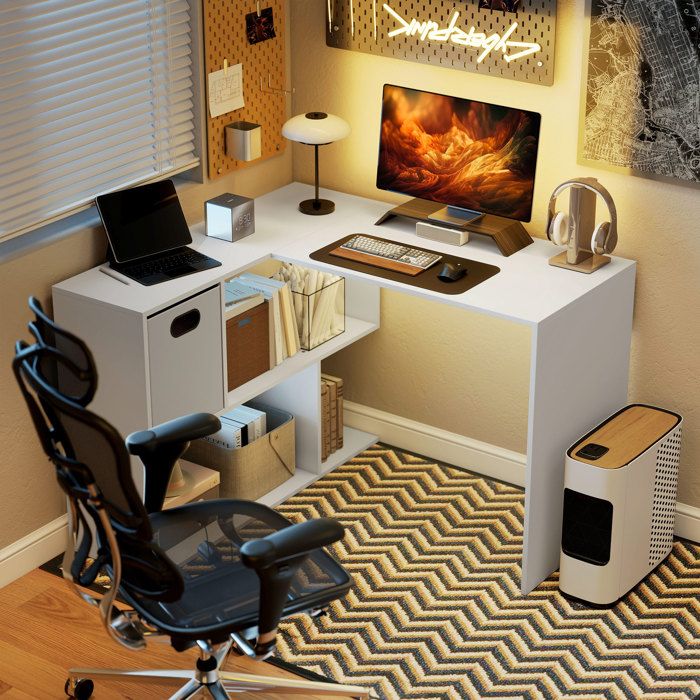 Bureau dangle bureau dordinateur avec tiroir en tissu et compartiments ouverts 110 x 100 x 75 cm blanc