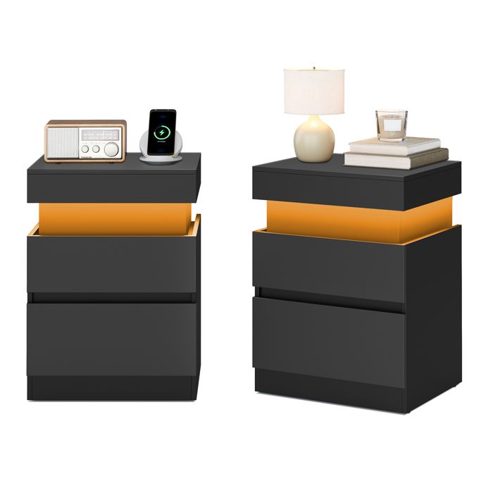 Table de Chevet Moderne avec LED Lot de 2 Table d’Appoint 2 Tiroirs Multiprise Intégrée 35 x 40 x 55 cm Noir