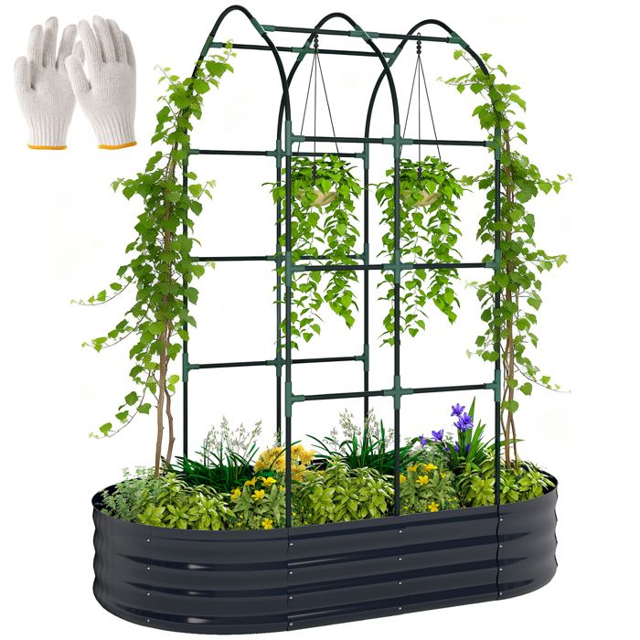 Jardinière avec treillis - Outsunny - fond ouvert gants inclus - métal - 160x90x180cm - gris foncé