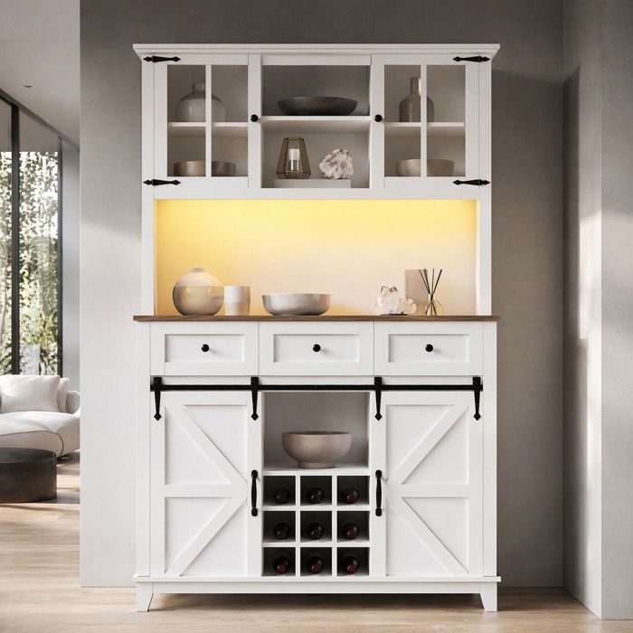 Buffet de cuisine LED vitrine  meuble de rangement étagères réglables MDF 4 portes 3 tiroirs 105×384×180cm blanc