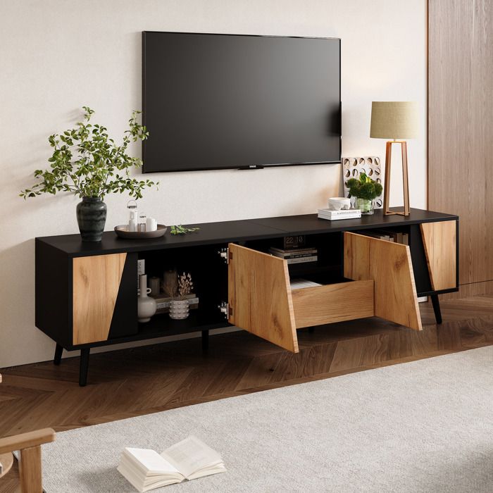 Meuble TV 180x40x46 cm avec 2 portes et 1 tiroir niveau semi-ouvert ouverture push noir et bois
