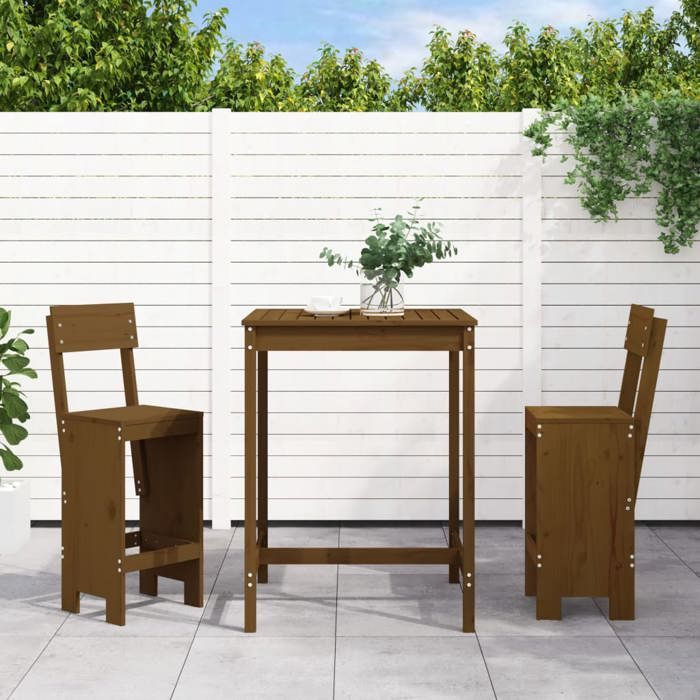 NEW 2026 Ensemble Bistrot/BAR - lot de 3 - 2 Chaises et 1 Table - marron miel bois pin massif 82.5x82.5x110 cm S572