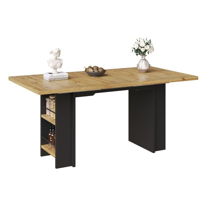 Table À Manger Extensible Bois Naturel 120-160x80x75cm Télescopique Avec Rallonges Internes Et Étagères Pour Cuisine Et Salon