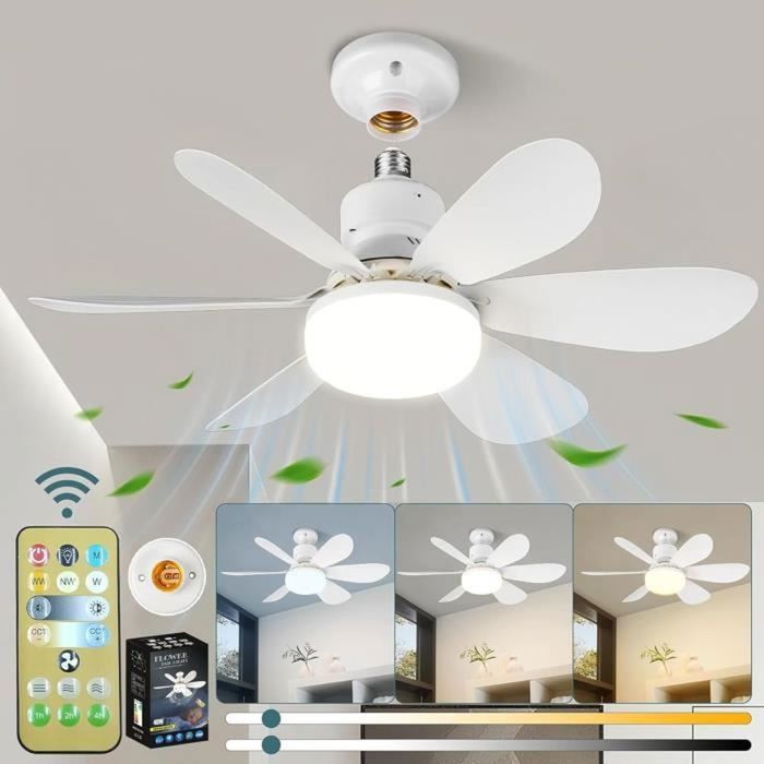 Ventilateur de plafond silencieux 40W avec lampe douille E27 6 pales 3 vitesses idéal pour salon et chambre 52 cm [Classe A] .
