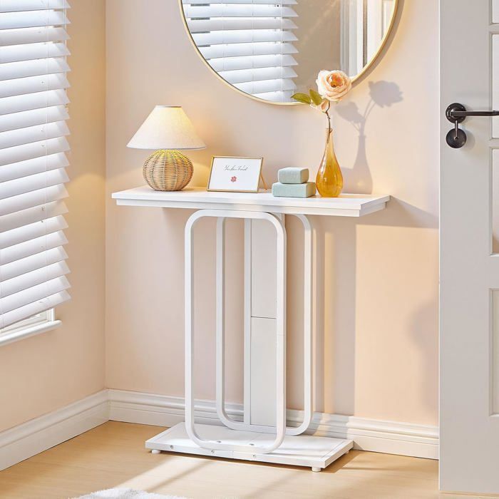 HOOBRO Table Console Table d’Entrée avec Rangement Présentoir à Structure Géométrique à 2 Niveaux Blanc