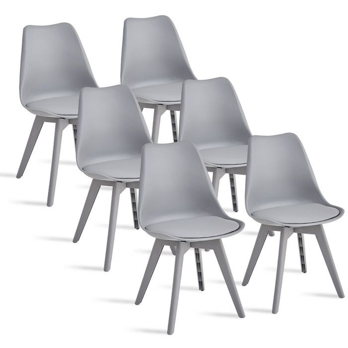 Lot de 6 chaises — Scandinave — Gris — Pieds en plastique Gris — Avec coussin simili cuir