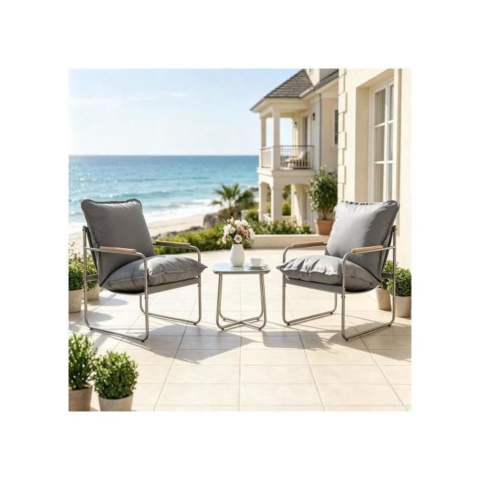 Ensemble mobilier extérieur - Multifonction balcon/terrasse - Acier galvanisé - Table verre carrée - Coussins imperméables