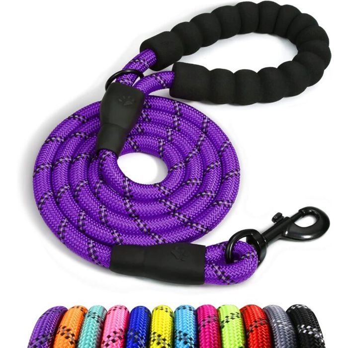 Chien Corde Laisse pour Chien en Nylon avec Poignée Rembourrée Douce et des Fils réfléchissants 150cm x 1.2cm Violet
