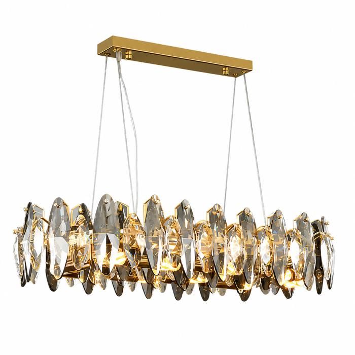 Lustre Linéaire en Cristal 100 cm Suspension Dorée Style Plumes et Feuilles de Cristal