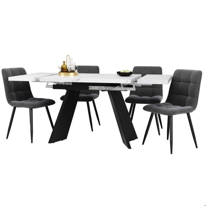 Table à manger extensible 160x80x75 cm blanche pieds plats + 4 chaises de salle à manger velours gris (lot 5) 4 pers.