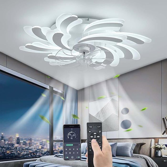 LED 50W Ventilateur de plafond avec éclairage Moderne Silence Ventilateur de plafond avec lampe pour le salon Salle à 80CM Blanc