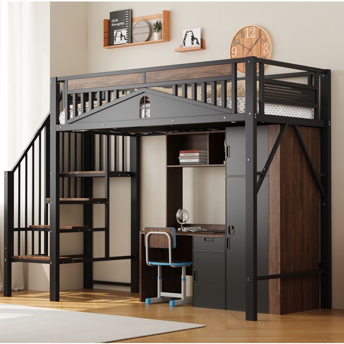COVREO Lit mezzanine 90x200 cm en métal noir avec échelle sécurisée rangements intégrés et garde-corps