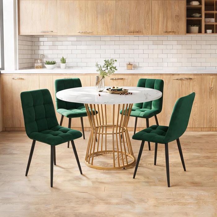 Set de salle à manger 5 pièces – table ronde diamètre 100 cm plateau blanc effet marbre pieds métal doré et 4 chaises velours vert