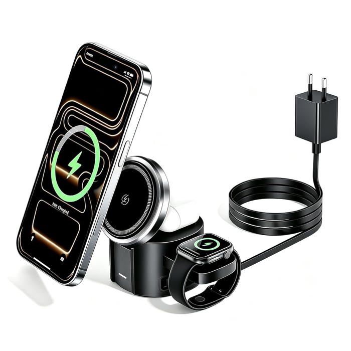 Chargeur sans fil 3-en-1 pliable 25 W avec adaptateur 45 W compatible MagSafe pour iPhone Apple Watch et AirPods