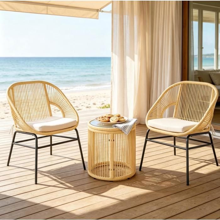 MEUBLIV Salon de jardin bas 2 fauteuils et table ronde résine tressée beige acier et verre trempé