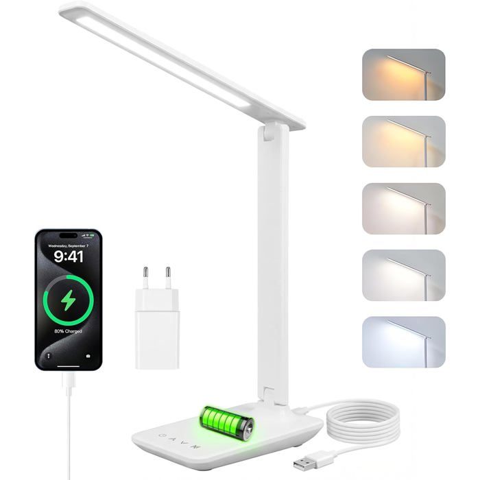 Lampe de Bureau Puissante-5 Modes de Couleurs et 5 Niveaux de Luminosité Réglables-Rotation sur 3 Axes-avec Port USB(blanc-à piles)