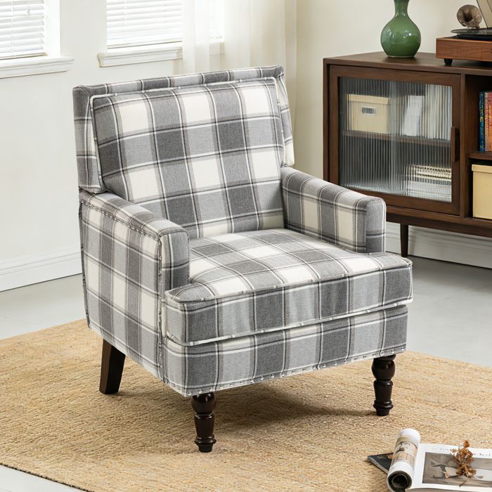 Fauteuil vintage gris et blanc en tissu coton-lin avec accoudoirs dossier haut bois massif et assemblage facile TYNQER