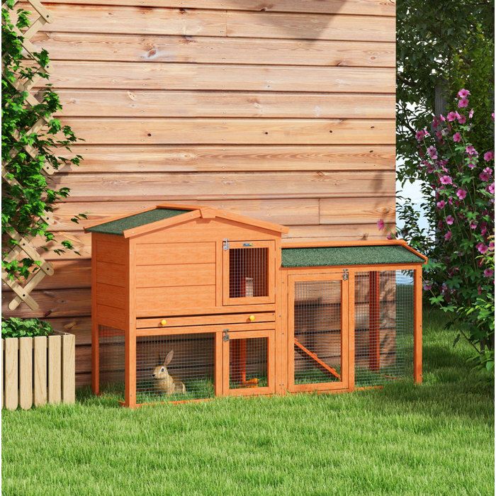Clapier double étage orange 150 x 45 x 85 cm en bois enclos extérieur toit étanche rampe 3 portes verrouillables