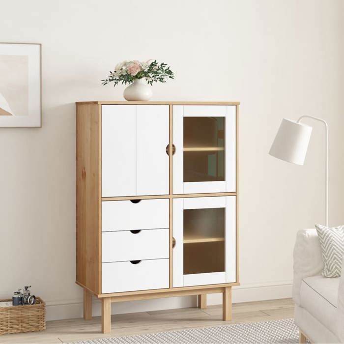 Stable&robuste Buffet haut OTTA marron et blanc 85x43x125 cm bois massif pin avec manuel de montage &01_6862