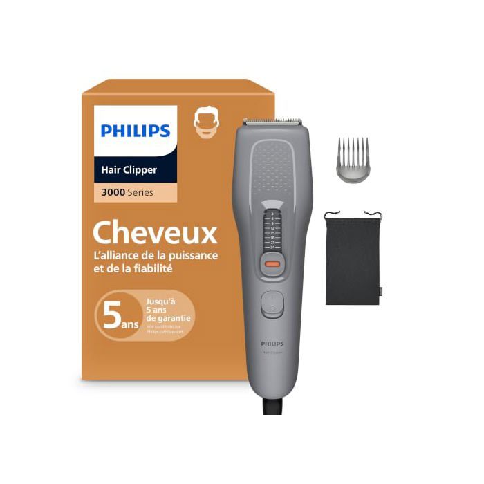 Tondeuse cheveux - PHILIPS - série 3000 - lames auto-affûtées - 9 hauteurs (3–24 mm) - filaire Trim-and-Flow