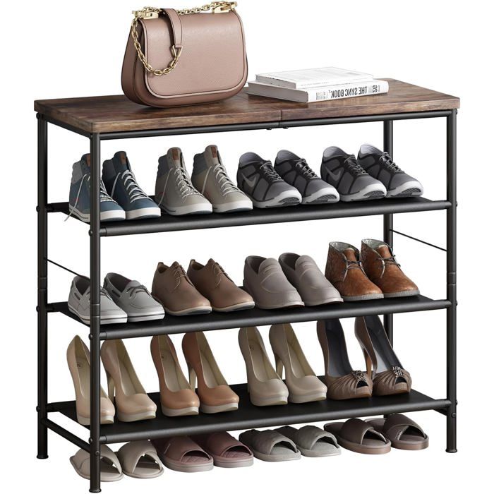 Étagère à chaussures en métal à 4 niveaux avec panneau MDF industriel et stratifié pour entrée armoire (marron vintage 4 niveaux)