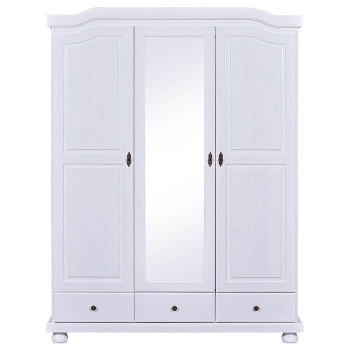 NEDER - Armoire 3 Portes Avec Penderie Bois Massif Vernis Blanc