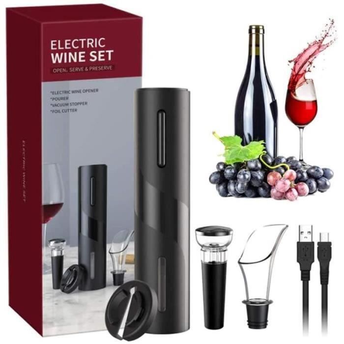 tire bouchon électrique, usb ouvre bouteille automatique de vin 4 en 1 avec coupe-capsule verseur de vin et bouchon de vin,noir
