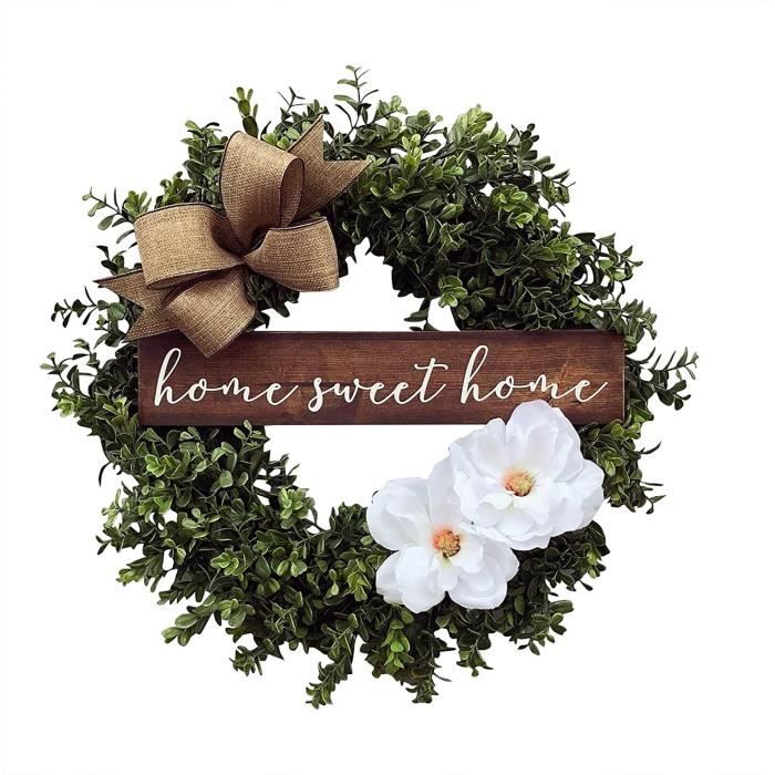 Couronne De Porte 'Home Sweet Home' En Bois Et Végétation Artificielle - Diamètre 24 Cm