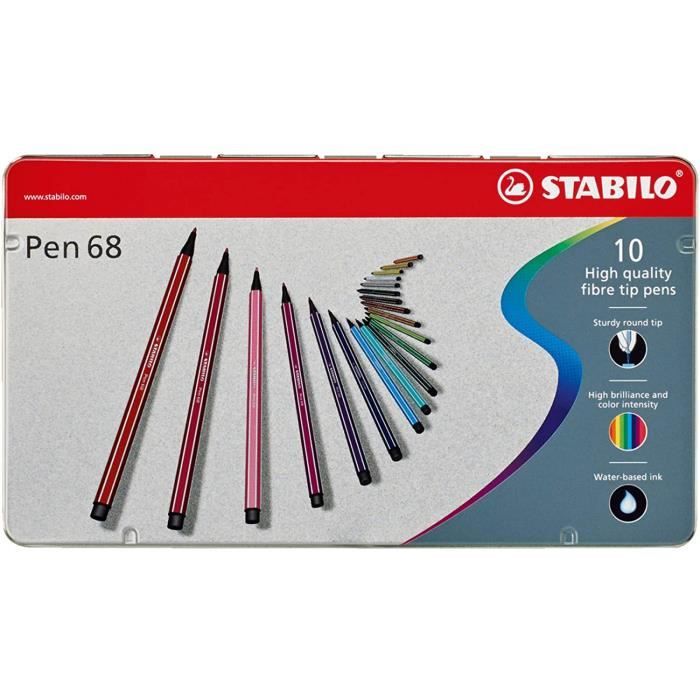 Boîte métal de 10 feutres de dessin pointe moyenne STABILO Pen 68 ARTY