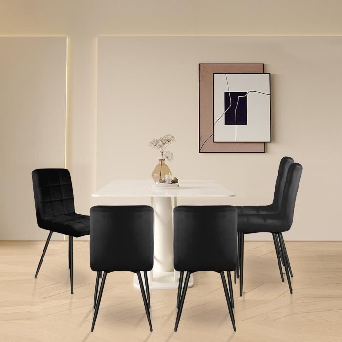 chaise de salle à manger carrée en daim avec pieds en fer - lot de 4 - noir
