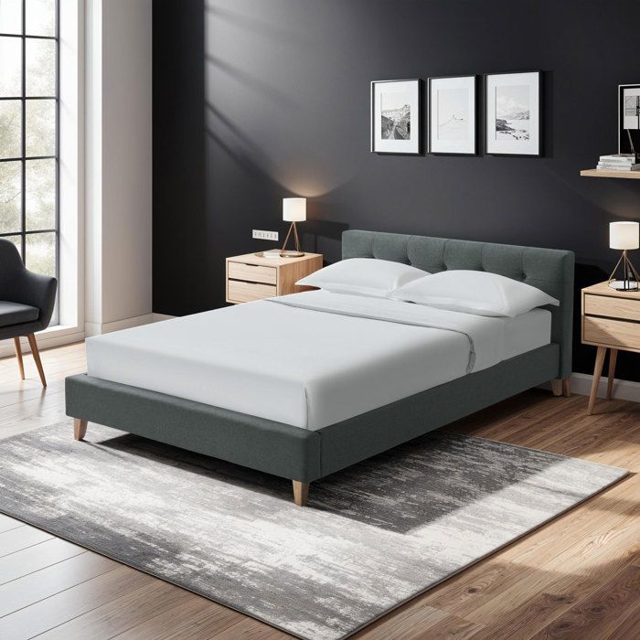 Lit 160x200 cm avec tête de lit en tissu anthracite et pieds bois