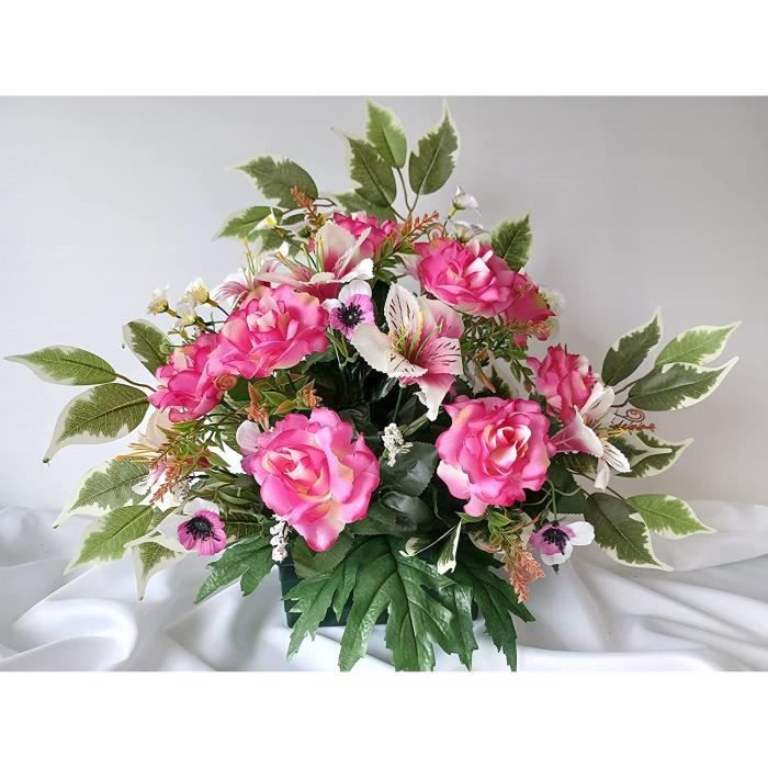 Composition Fleurs Artificielles Lestée Ciment - 55x45cm - Décoration Tombe Toussaint Et Extérieur