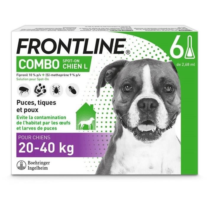 FRONTLINE Combo Chien L - 20 à 40 kg - 6 Pipettes - Puces tiques et poux