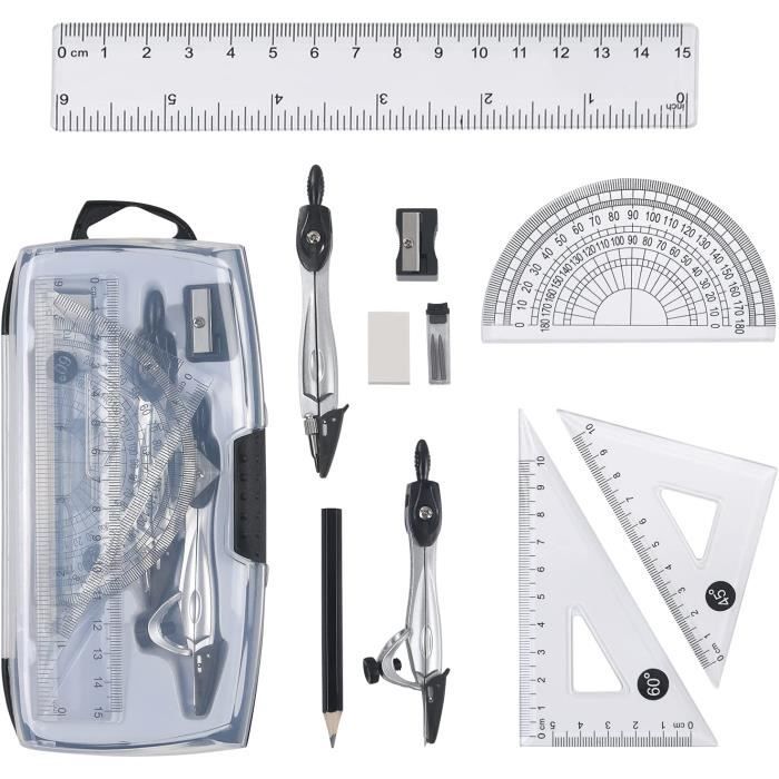 Kit De Géométrie 10 Pièces - Règles, Compas, Rapporteur, Crayon - Pour école, Dessin Technique