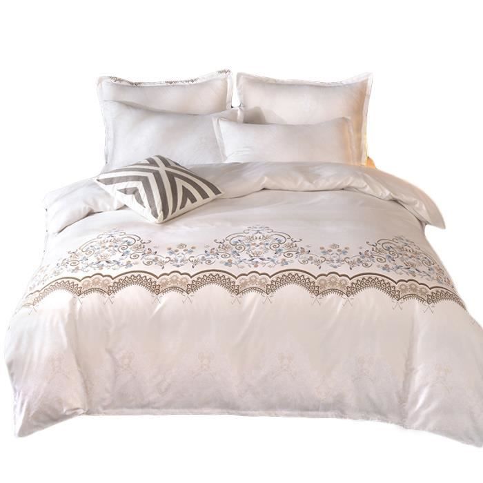 Parure De Lit Brodée Dentelle Florale Super King - Housse Couette Et Taies D'Oreiller Blanche