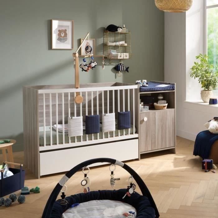 Lit bébé combiné - 120x60cm - Evolutif en 90x190cm - Babyprice Up - Chêne - Avec commode à langer 1 porte