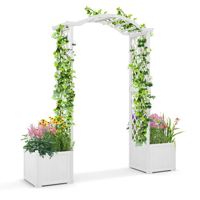 COSTWAY Arche de Jardin en Bois avec 2 Jardinière, Treillis 183 x 42 x 200 cm pour Plantes Grimpantes Légumes Décoration Fête Blanc