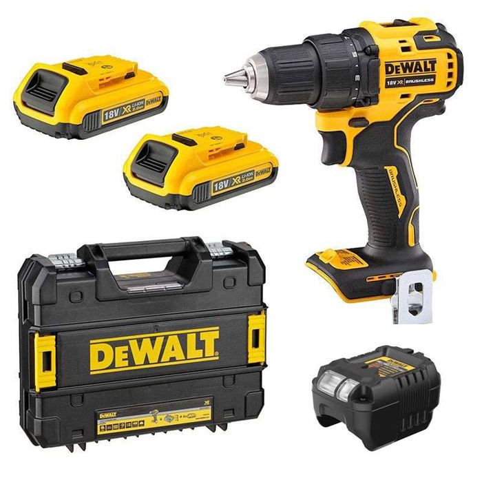 DEWALT Perceuse Visseuse compact XR 18V Brushless perceuse sans fil avec 2 batteries 2Ah Lithium Ion chargeur et coffret TSTAK DCD708D2T QW