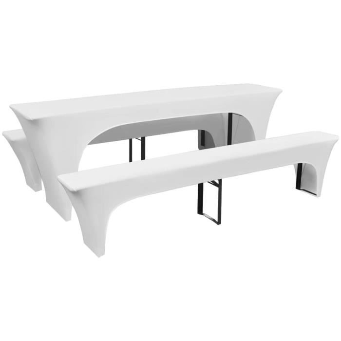 Fangming-Housses de table et bancs Extensibles 3 pcs Blanc 220x50x80 cm