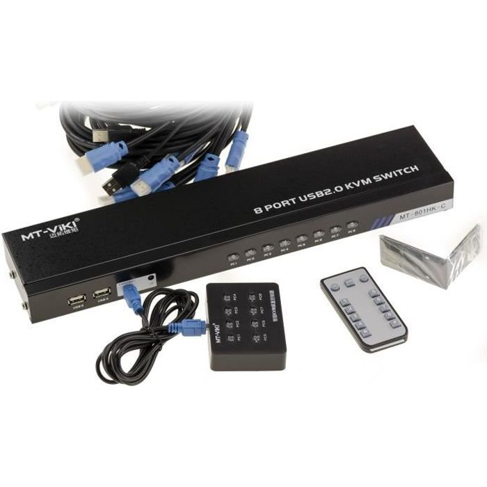 Boitier de partage KVM SWITCH AUTOMATIQUE Souris Clavier Ecran sur 8 PC - HDMI (Image + Son) / USB - CONTROLE A DISTANCE - Auto alim