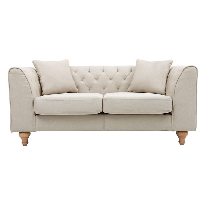 Miliboo - Canapé 2 places capitonné en tissu beige et bois clair MONTAIGNE