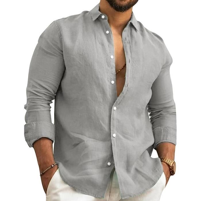 Chemise Homme Lin Et Coton Col Mao - Manches Longues, Unie - Style Décontracté été, Plage, Casual