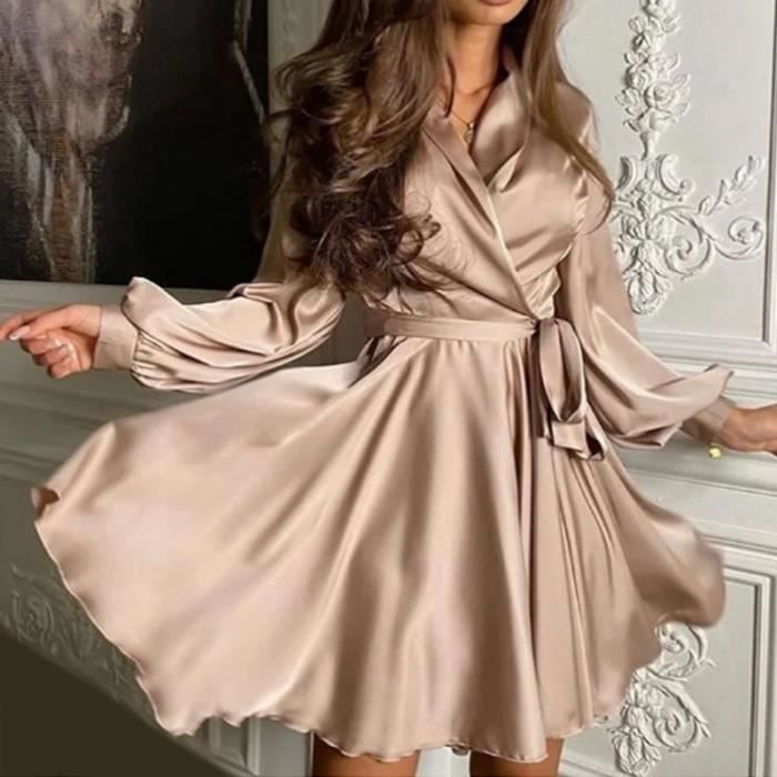 Robe Sexy Satin ceintures une ligne Mini robe lanterne manches
