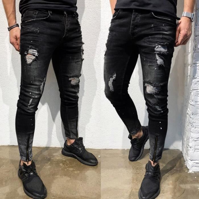 Pantalon en jean skinny stretch pour homme slim dechire Le noir8874 Le noir Cdiscount Pret a Porter