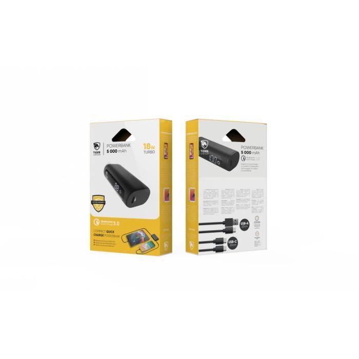 MUVIT TIGER Power Powerbank 5000mAh PD + QC avec 2 câbles Type C - Noir
