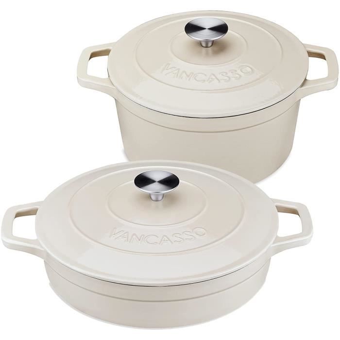 à Diverses Sources de Chaleur Soupe Cocotte en Fonte avec Couvercle Induction vancasso Casserole Émaillée Blanc Laiteux 26 CM Utilisée comme Ragoût Passe au Four Marmite Antiadhésive Ronde